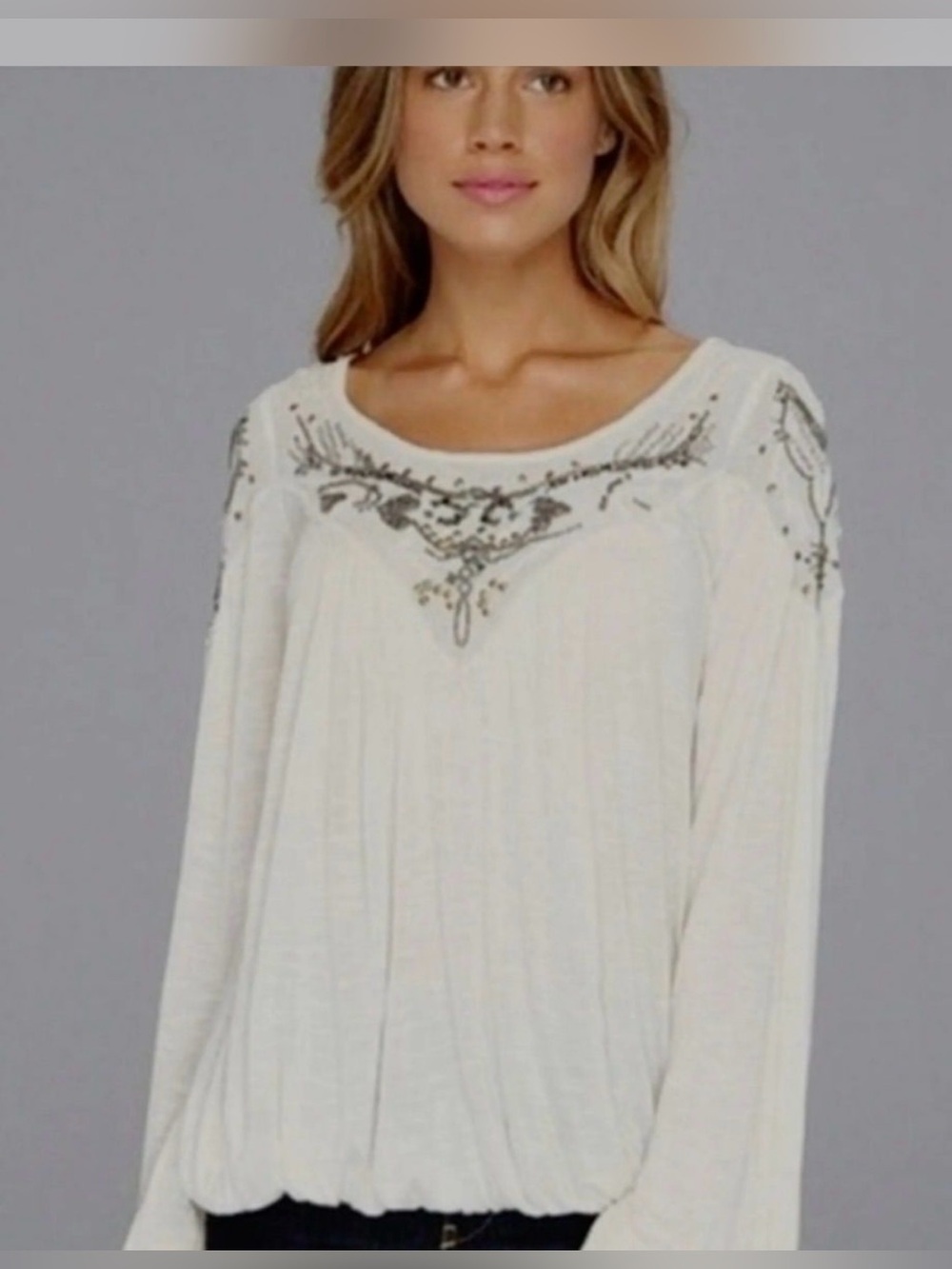 Free People Cream Embellished Scoop-Neck Peasant Blouse